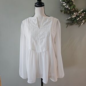 Adiva White Sheer Long Sleeve‎ Peasant Blouse Medium, 19" Pit To Pit